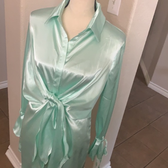 Hazel & Olive light green/mint silky satin shirt dress Size L - Picture 8 of 17